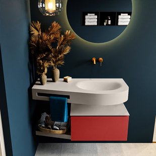 MONDIAZ RIVA 100cm badmeubel onderkast / planchet kleur Fire met 1 lade. Wastafel DULCET rechts 0 kraangaten kleur Linen.