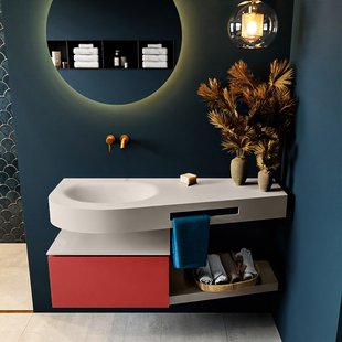 MONDIAZ RIVA 120cm badmeubel onderkast / planchet kleur Fire met 1 lade. Wastafel DULCET links 0 kraangaten kleur Linen.