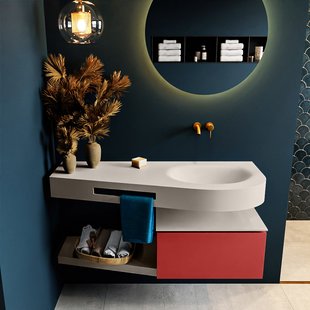 MONDIAZ RIVA 120cm badmeubel onderkast / planchet kleur Fire met 1 lade. Wastafel DULCET rechts 0 kraangaten kleur Linen.