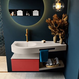 MONDIAZ RIVA 120cm badmeubel onderkast / planchet kleur Fire met 1 lade. Wastafel DULCET links 1 kraangat kleur Linen.