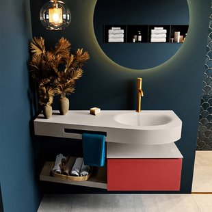 MONDIAZ RIVA 120cm badmeubel onderkast / planchet kleur Fire met 1 lade. Wastafel DULCET rechts 1 kraangat kleur Linen.