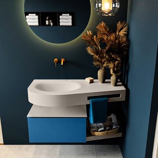 MONDIAZ RIVA 100cm badmeubel onderkast / planchet kleur Jeans met 1 lade. Wastafel DULCET links 0 kraangaten kleur Linen.