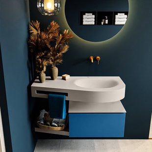 MONDIAZ RIVA 100cm badmeubel onderkast / planchet kleur Jeans met 1 lade. Wastafel DULCET rechts 0 kraangaten kleur Linen.