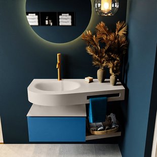 MONDIAZ RIVA 100cm badmeubel onderkast / planchet kleur Jeans met 1 lade. Wastafel DULCET links 1 kraangat kleur Linen.