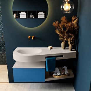 MONDIAZ RIVA 120cm badmeubel onderkast / planchet kleur Jeans met 1 lade. Wastafel DULCET links 0 kraangaten kleur Linen.