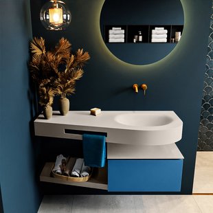 MONDIAZ RIVA 120cm badmeubel onderkast / planchet kleur Jeans met 1 lade. Wastafel DULCET rechts 0 kraangaten kleur Linen.