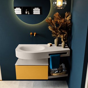 MONDIAZ RIVA 100cm badmeubel onderkast / planchet kleur Ocher met 1 lade. Wastafel DULCET links 0 kraangaten kleur Linen.