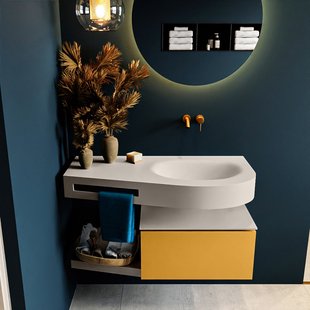 MONDIAZ RIVA 100cm badmeubel onderkast / planchet kleur Ocher met 1 lade. Wastafel DULCET rechts 0 kraangaten kleur Linen.