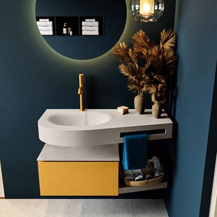 MONDIAZ RIVA 100cm badmeubel onderkast / planchet kleur Ocher met 1 lade. Wastafel DULCET links 1 kraangat kleur Linen.