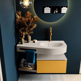 MONDIAZ RIVA 100cm badmeubel onderkast / planchet kleur Ocher met 1 lade. Wastafel DULCET rechts 1 kraangat kleur Linen.