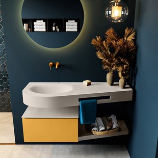 MONDIAZ RIVA 120cm badmeubel onderkast / planchet kleur Ocher met 1 lade. Wastafel DULCET links 0 kraangaten kleur Linen.