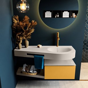 MONDIAZ RIVA 120cm badmeubel onderkast / planchet kleur Ocher met 1 lade. Wastafel DULCET rechts 1 kraangat kleur Linen.