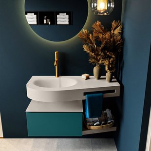 MONDIAZ RIVA 100cm badmeubel onderkast / planchet kleur Smag met 1 lade. Wastafel DULCET links 1 kraangat kleur Linen.