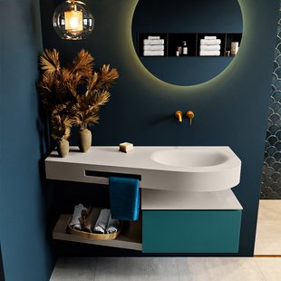 MONDIAZ RIVA 120cm badmeubel onderkast / planchet kleur Smag met 1 lade. Wastafel DULCET rechts 0 kraangaten kleur Linen.