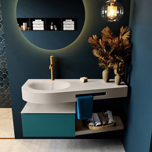 MONDIAZ RIVA 120cm badmeubel onderkast / planchet kleur Smag met 1 lade. Wastafel DULCET links 1 kraangat kleur Linen.