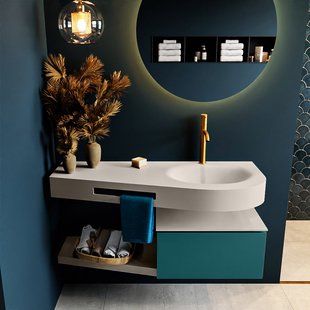 MONDIAZ RIVA 120cm badmeubel onderkast / planchet kleur Smag met 1 lade. Wastafel DULCET rechts 1 kraangat kleur Linen.