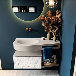 MONDIAZ RIVA 100cm badmeubel onderkast / planchet kleur carrara met 1 lade. Wastafel DULCET links 0 kraangaten kleur Linen.