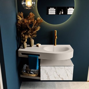 MONDIAZ RIVA 100cm badmeubel onderkast / planchet kleur carrara met 1 lade. Wastafel DULCET rechts 1 kraangat kleur Linen.