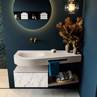 MONDIAZ RIVA 120cm badmeubel onderkast / planchet kleur carrara met 1 lade. Wastafel DULCET links 0 kraangaten kleur Linen.