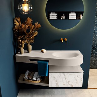 MONDIAZ RIVA 120cm badmeubel onderkast / planchet kleur carrara met 1 lade. Wastafel DULCET rechts 0 kraangaten kleur Linen.