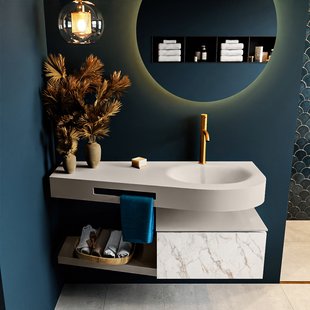 MONDIAZ RIVA 120cm badmeubel onderkast / planchet kleur carrara met 1 lade. Wastafel DULCET rechts 1 kraangat kleur Linen.