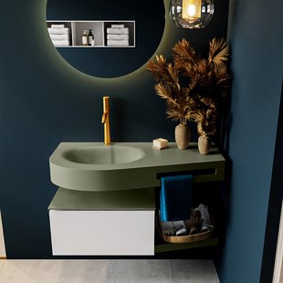 MONDIAZ RIVA 100cm badmeubel onderkast / planchet kleur Talc met 1 lade. Wastafel DULCET links 1 kraangat kleur Army.