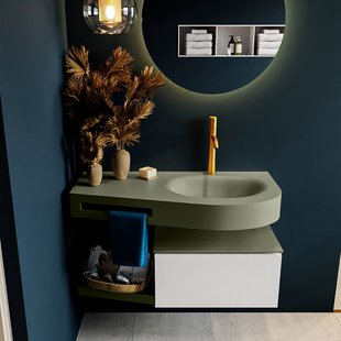 MONDIAZ RIVA 100cm badmeubel onderkast / planchet kleur Talc met 1 lade. Wastafel DULCET rechts 1 kraangat kleur Army.