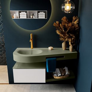 MONDIAZ RIVA 120cm badmeubel onderkast / planchet kleur Talc met 1 lade. Wastafel DULCET links 1 kraangat kleur Army.