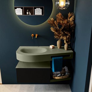 MONDIAZ RIVA 100cm badmeubel onderkast / planchet kleur Urban met 1 lade. Wastafel DULCET links 0 kraangaten kleur Army.