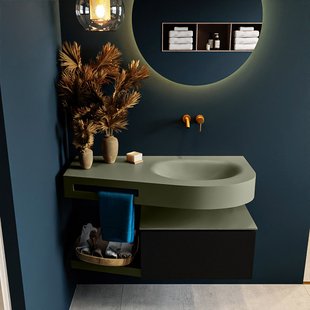 MONDIAZ RIVA 100cm badmeubel onderkast / planchet kleur Urban met 1 lade. Wastafel DULCET rechts 0 kraangaten kleur Army.