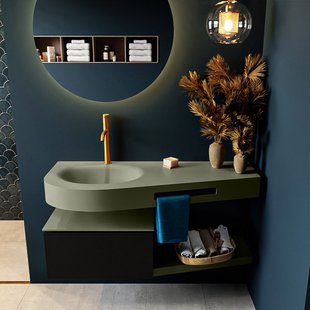 MONDIAZ RIVA 120cm badmeubel onderkast / planchet kleur Urban met 1 lade. Wastafel DULCET links 1 kraangat kleur Army.