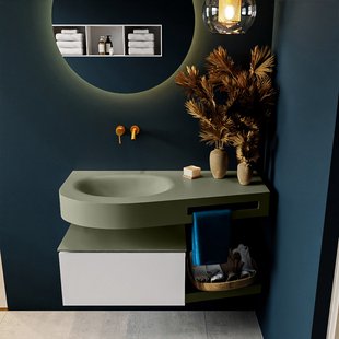 MONDIAZ RIVA 100cm badmeubel onderkast / planchet kleur Linen met 1 lade. Wastafel DULCET links 0 kraangaten kleur Army.