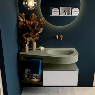 MONDIAZ RIVA 100cm badmeubel onderkast / planchet kleur Linen met 1 lade. Wastafel DULCET rechts 0 kraangaten kleur Army.