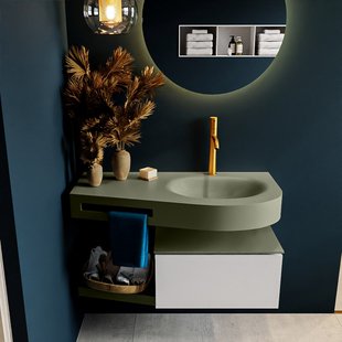 MONDIAZ RIVA 100cm badmeubel onderkast / planchet kleur Linen met 1 lade. Wastafel DULCET rechts 1 kraangat kleur Army.