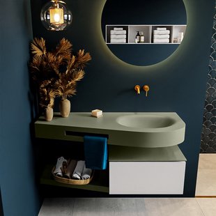 MONDIAZ RIVA 120cm badmeubel onderkast / planchet kleur Linen met 1 lade. Wastafel DULCET rechts 0 kraangaten kleur Army.