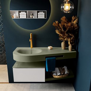 MONDIAZ RIVA 120cm badmeubel onderkast / planchet kleur Linen met 1 lade. Wastafel DULCET links 1 kraangat kleur Army.