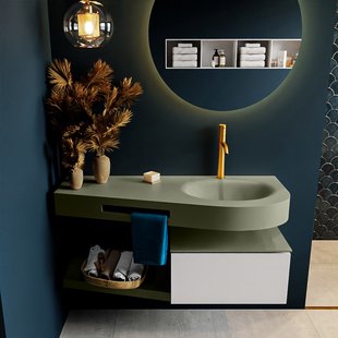 MONDIAZ RIVA 120cm badmeubel onderkast / planchet kleur Linen met 1 lade. Wastafel DULCET rechts 1 kraangat kleur Army.