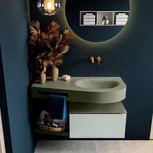 MONDIAZ RIVA 100cm badmeubel onderkast / planchet kleur Greey met 1 lade. Wastafel DULCET rechts 0 kraangaten kleur Army.