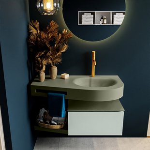 MONDIAZ RIVA 100cm badmeubel onderkast / planchet kleur Greey met 1 lade. Wastafel DULCET rechts 1 kraangat kleur Army.