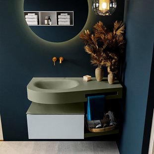 MONDIAZ RIVA 100cm badmeubel onderkast / planchet kleur Clay met 1 lade. Wastafel DULCET links 0 kraangaten kleur Army.