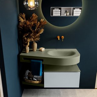 MONDIAZ RIVA 100cm badmeubel onderkast / planchet kleur Clay met 1 lade. Wastafel DULCET rechts 0 kraangaten kleur Army.