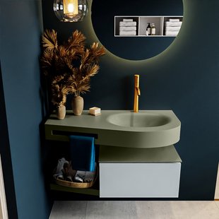 MONDIAZ RIVA 100cm badmeubel onderkast / planchet kleur Clay met 1 lade. Wastafel DULCET rechts 1 kraangat kleur Army.