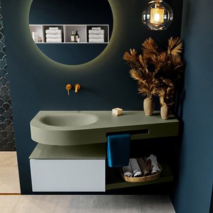 MONDIAZ RIVA 120cm badmeubel onderkast / planchet kleur Clay met 1 lade. Wastafel DULCET links 0 kraangaten kleur Army.