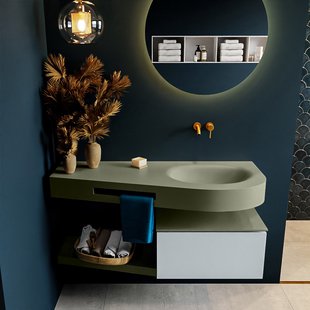 MONDIAZ RIVA 120cm badmeubel onderkast / planchet kleur Clay met 1 lade. Wastafel DULCET rechts 0 kraangaten kleur Army.