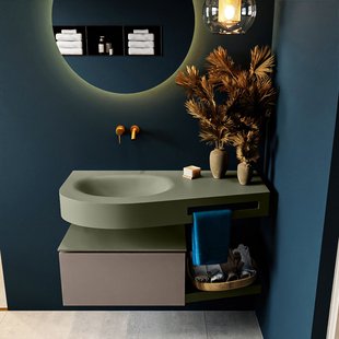 MONDIAZ RIVA 100cm badmeubel onderkast / planchet kleur Smoke met 1 lade. Wastafel DULCET links 0 kraangaten kleur Army.