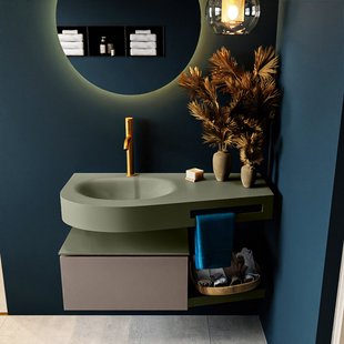 MONDIAZ RIVA 100cm badmeubel onderkast / planchet kleur Smoke met 1 lade. Wastafel DULCET links 1 kraangat kleur Army.