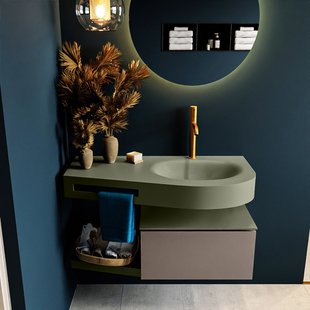 MONDIAZ RIVA 100cm badmeubel onderkast / planchet kleur Smoke met 1 lade. Wastafel DULCET rechts 1 kraangat kleur Army.