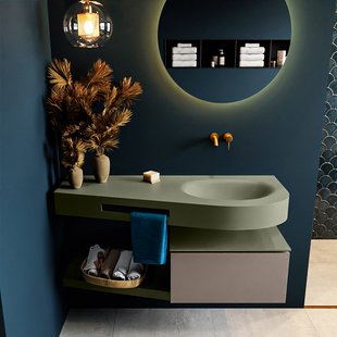 MONDIAZ RIVA 120cm badmeubel onderkast / planchet kleur Smoke met 1 lade. Wastafel DULCET rechts 0 kraangaten kleur Army.