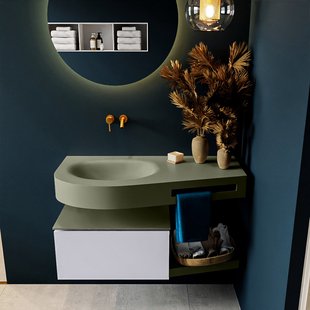 MONDIAZ RIVA 100cm badmeubel onderkast / planchet kleur Cale met 1 lade. Wastafel DULCET links 0 kraangaten kleur Army.
