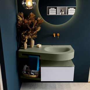 MONDIAZ RIVA 100cm badmeubel onderkast / planchet kleur Cale met 1 lade. Wastafel DULCET rechts 0 kraangaten kleur Army.